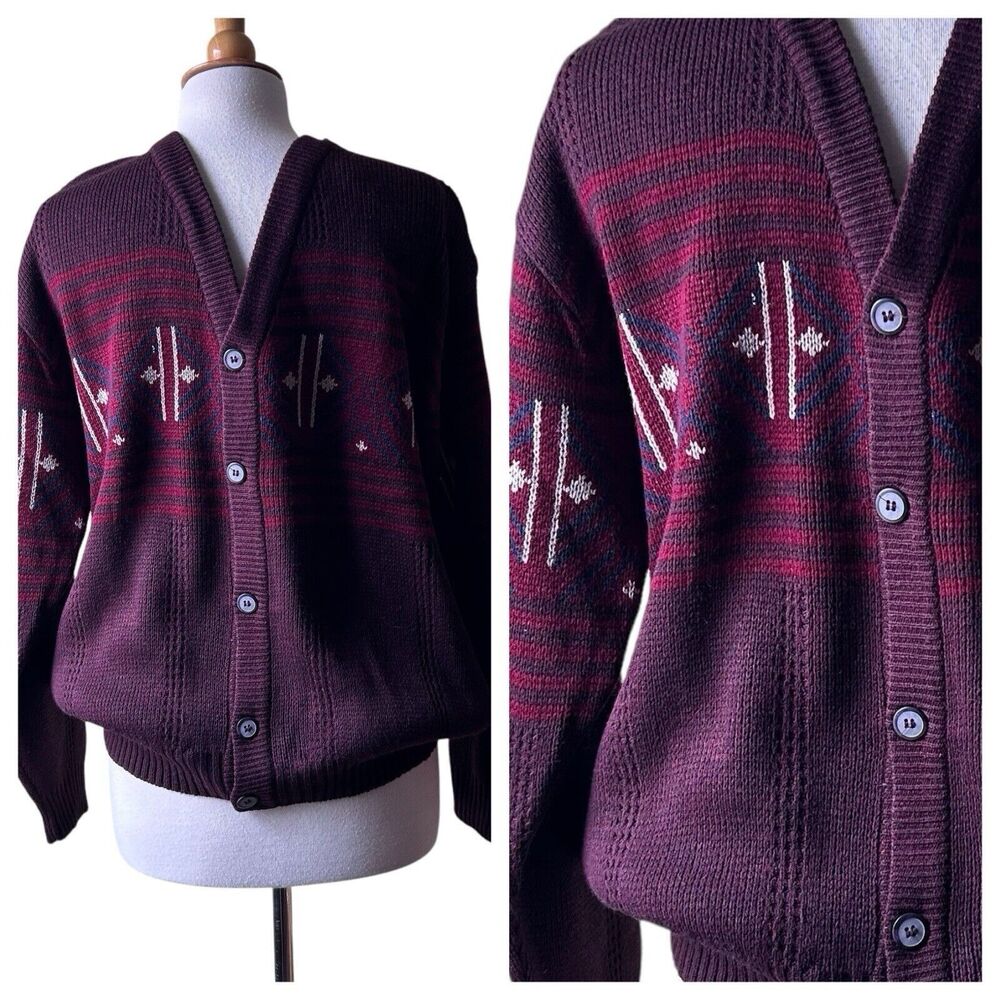 Vintage Puritan Red Navy Grandpa Sweater Cardigan - Medium